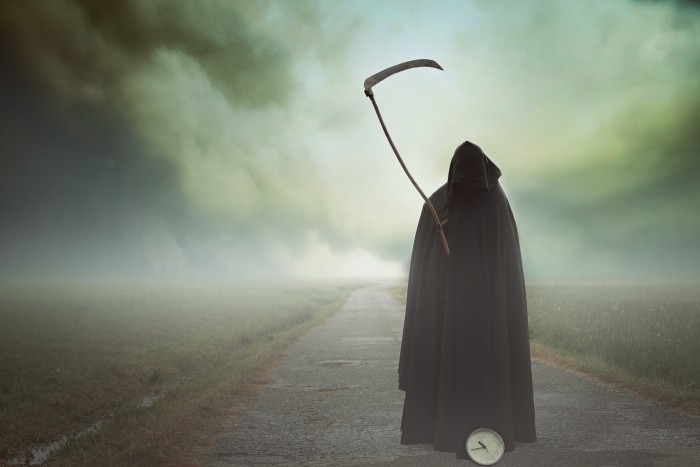 Death with scythe in a surreal landscape